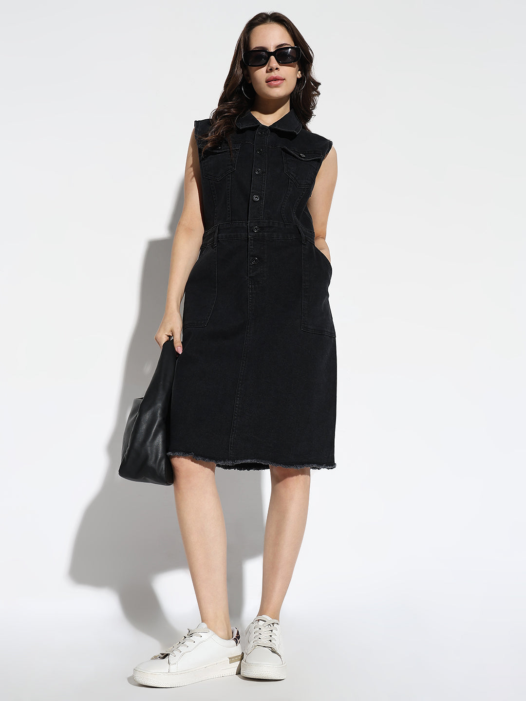 Women's Black Solid Denim A-Line Knee Length Dress