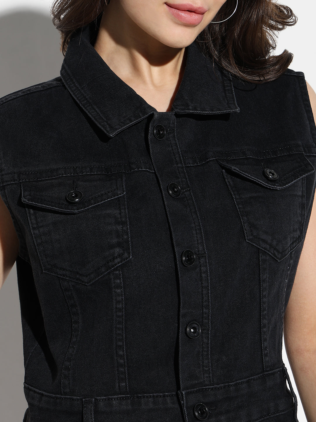Women's Black Solid Denim A-Line Knee Length Dress