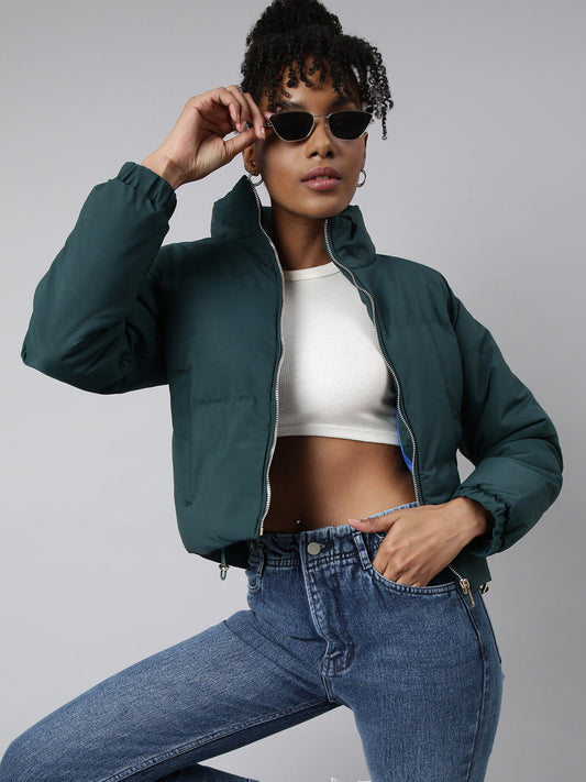 Women's Green Mock Collar Windcheater Crop Padded Jacket