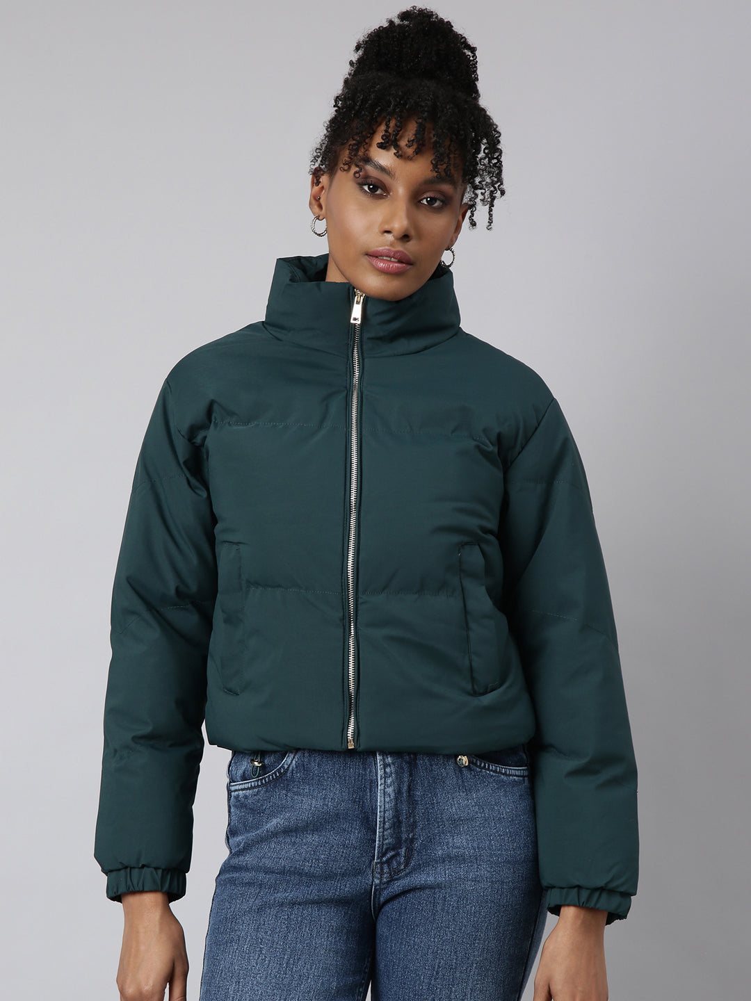 Women's Green Mock Collar Windcheater Crop Padded Jacket