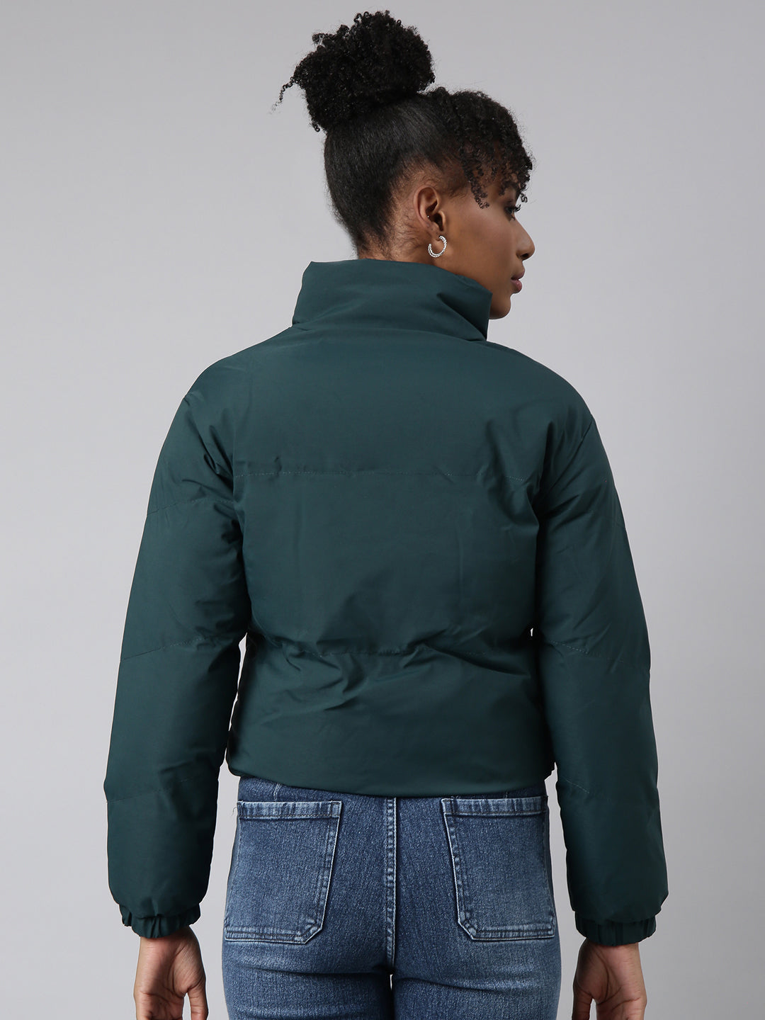 Women's Green Mock Collar Windcheater Crop Padded Jacket