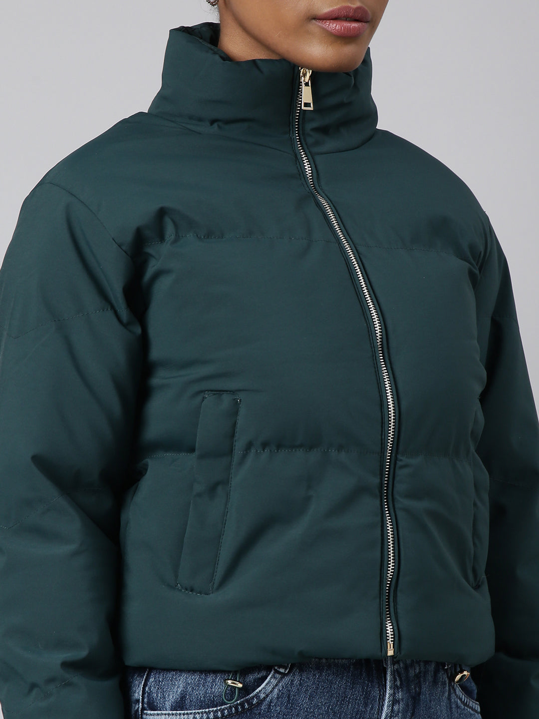 Women's Green Mock Collar Windcheater Crop Padded Jacket