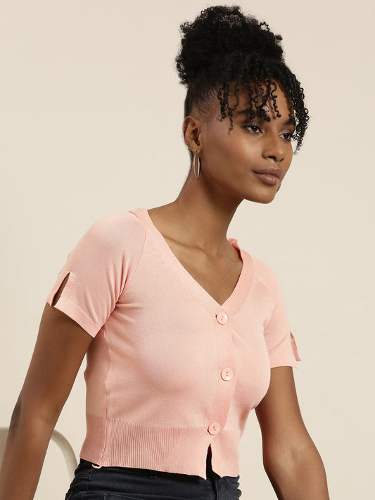 Women's Peach V-Neck Ribbed Crop Top
