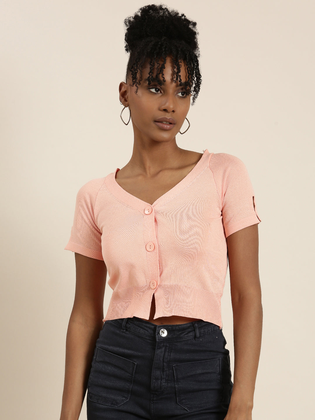 Women's Peach V-Neck Ribbed Crop Top