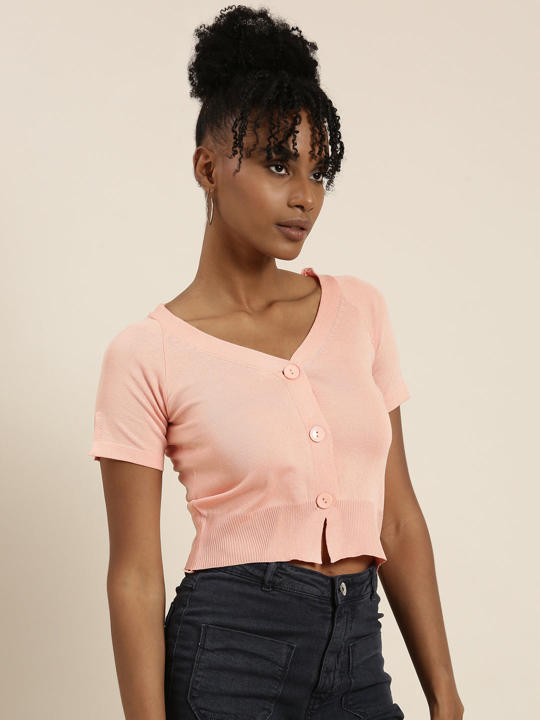 Women's Peach V-Neck Ribbed Crop Top
