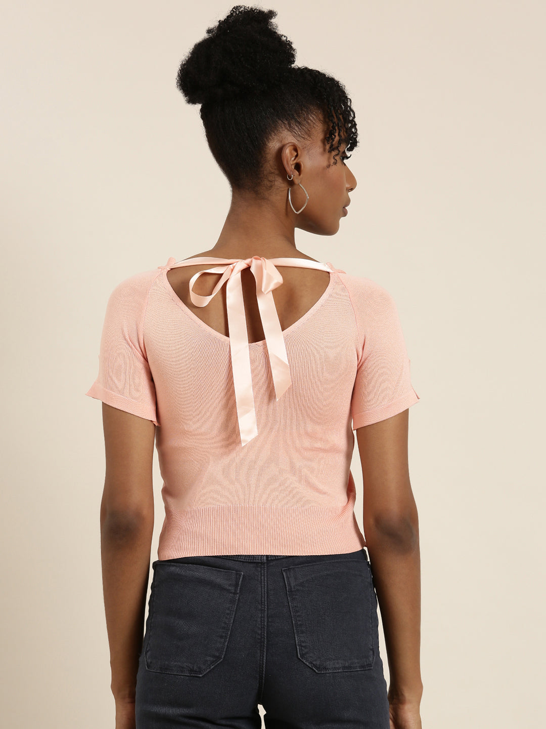 Women's Peach V-Neck Ribbed Crop Top