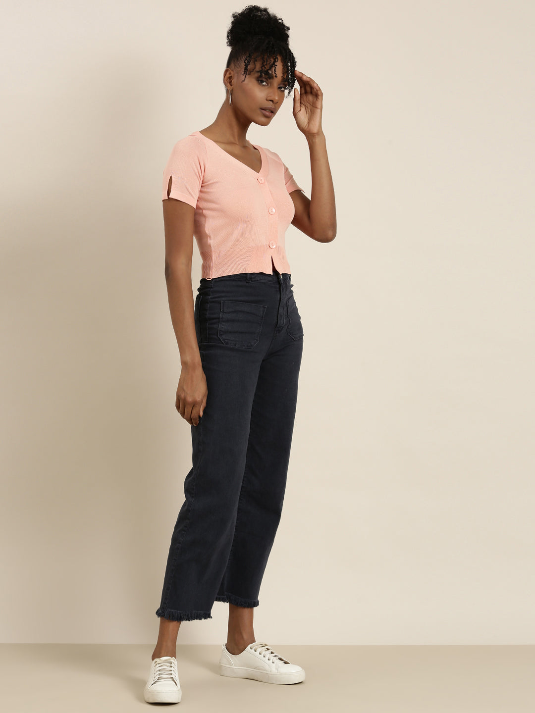 Women's Peach V-Neck Ribbed Crop Top