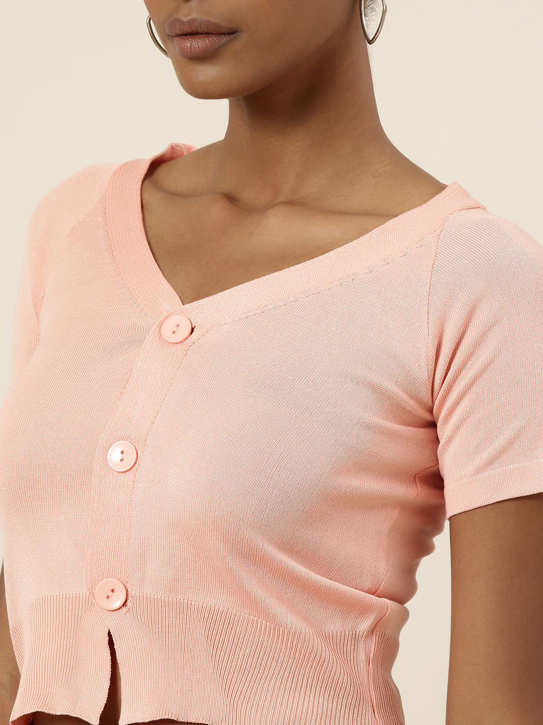 Women's Peach V-Neck Ribbed Crop Top
