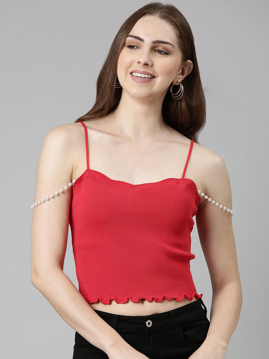 Women's Red Shoulder Straps Cotton Fitted Crop Top