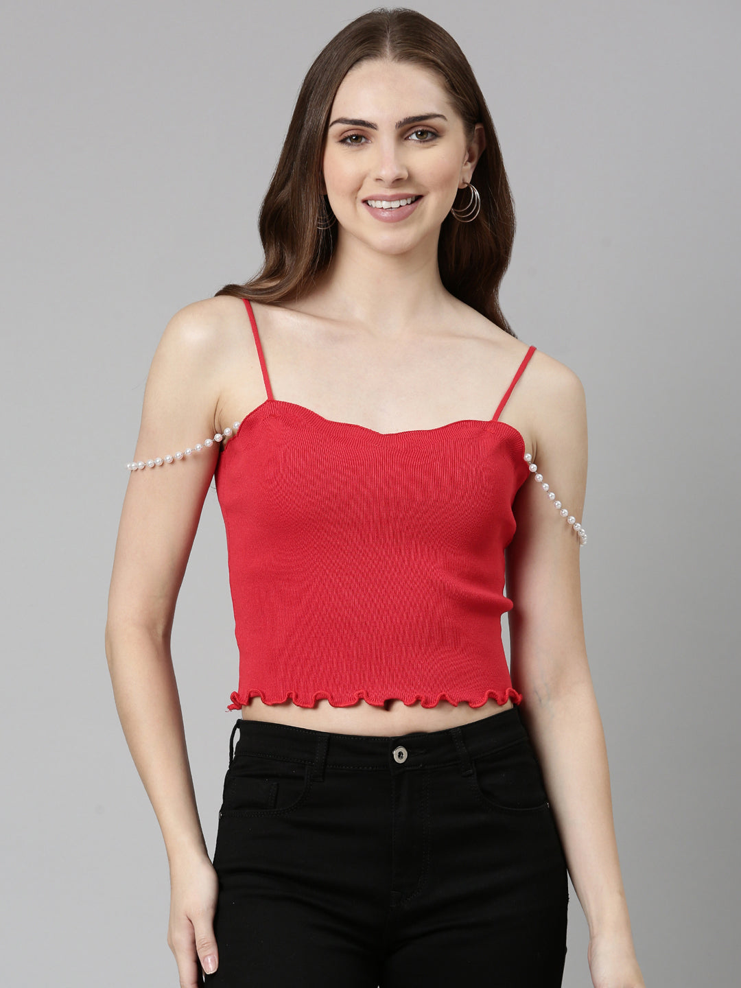 Women's Red Shoulder Straps Cotton Fitted Crop Top