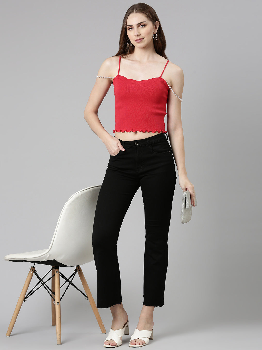 Women's Red Shoulder Straps Cotton Fitted Crop Top