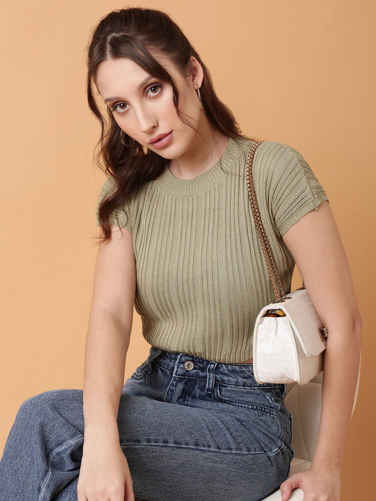 Women's Green Blouson Crop Top