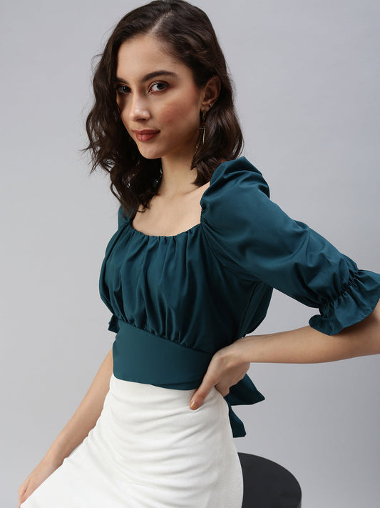 Women's Green Crepe Crop Top