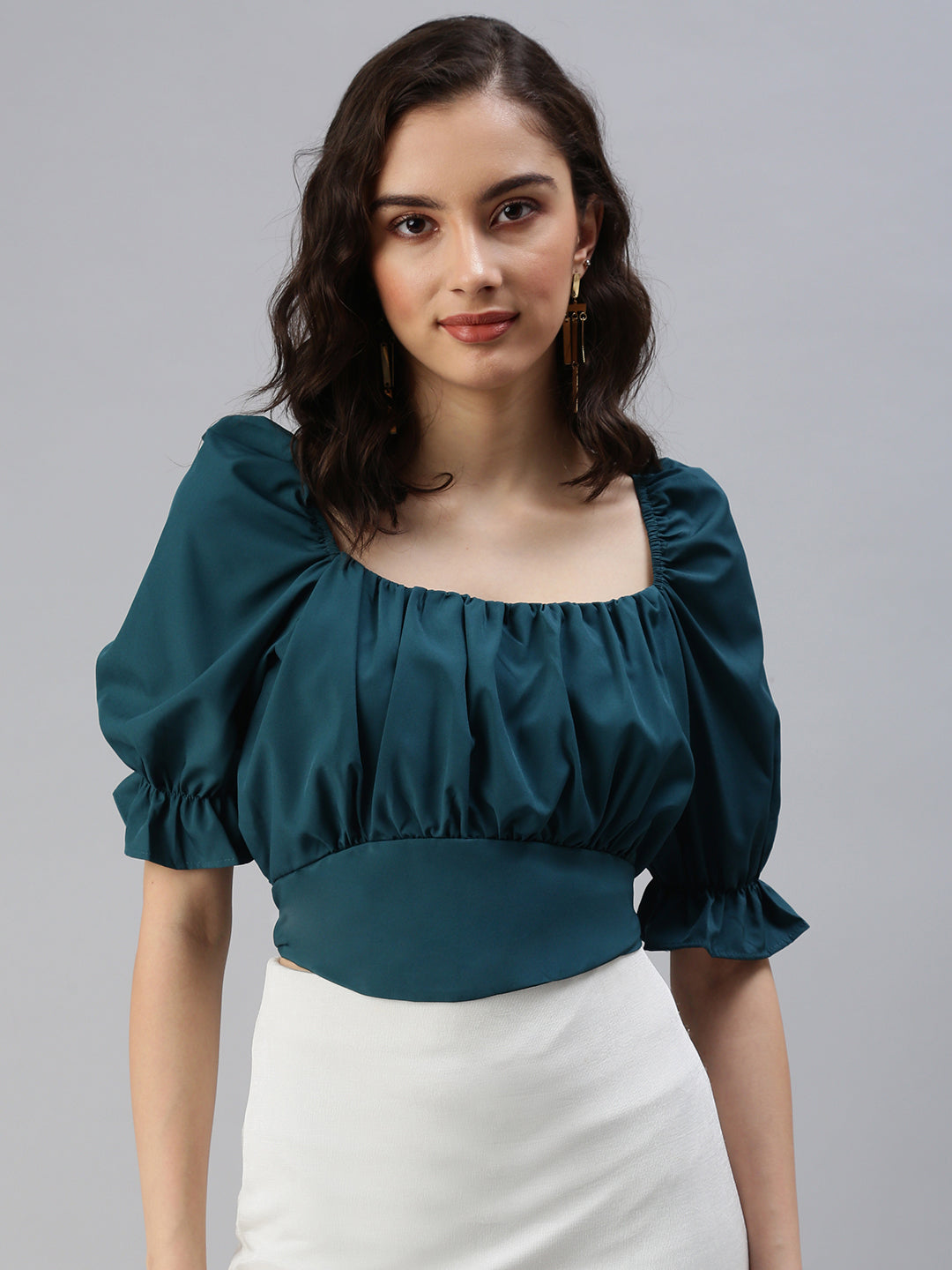 Women's Green Crepe Crop Top