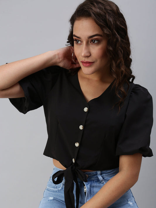 Women's Black Crepe Crop Waist Tie-Ups Top