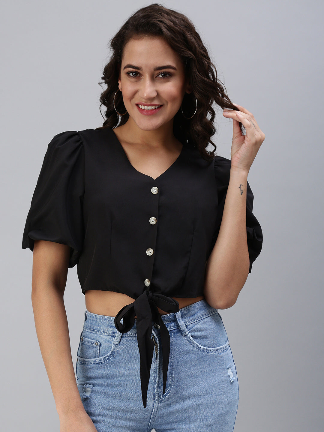 Women's Black Crepe Crop Waist Tie-Ups Top