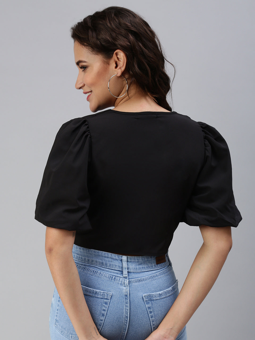 Women's Black Crepe Crop Waist Tie-Ups Top