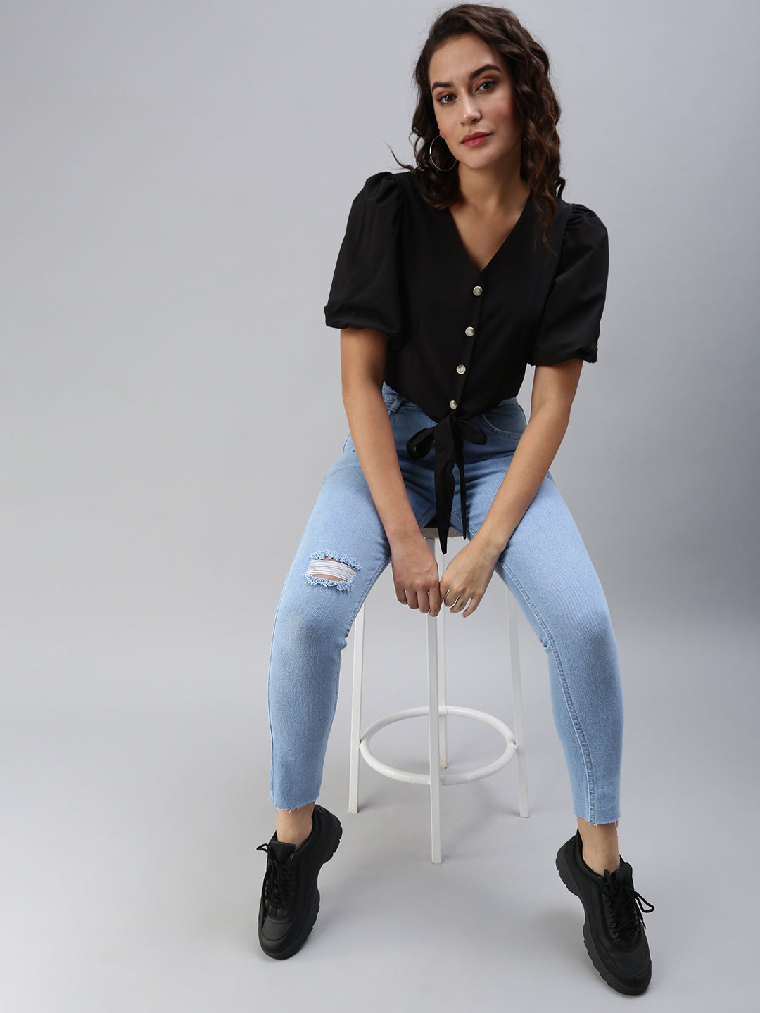 Women's Black Crepe Crop Waist Tie-Ups Top