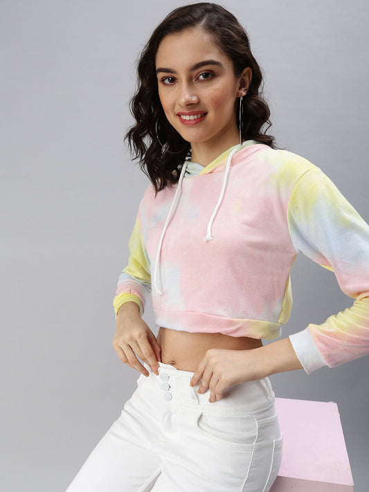 Women's Multi Tie and Dye Print Extended Sleeves Hooded Crop Top