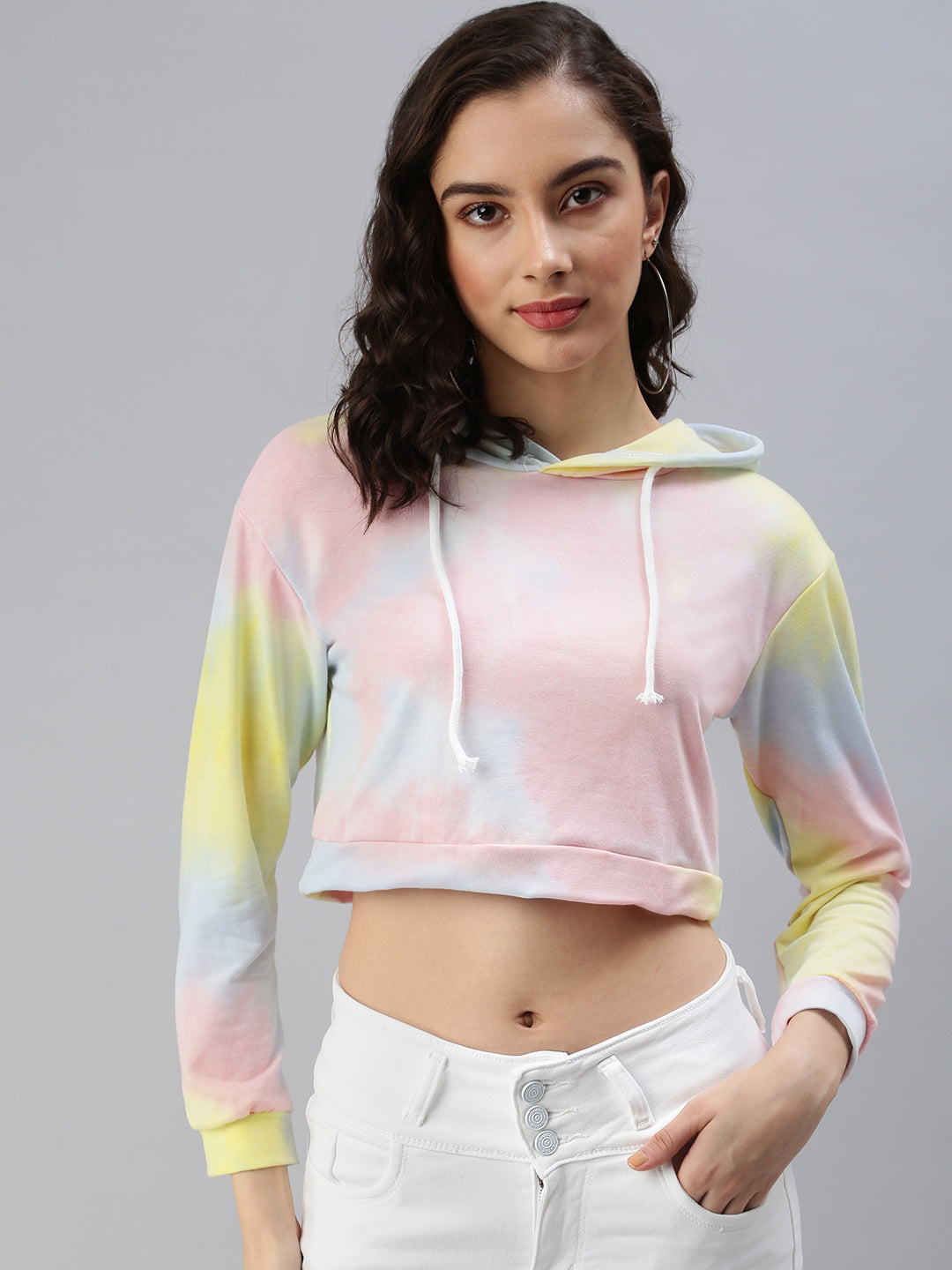 Women's Multi Tie and Dye Print Extended Sleeves Hooded Crop Top