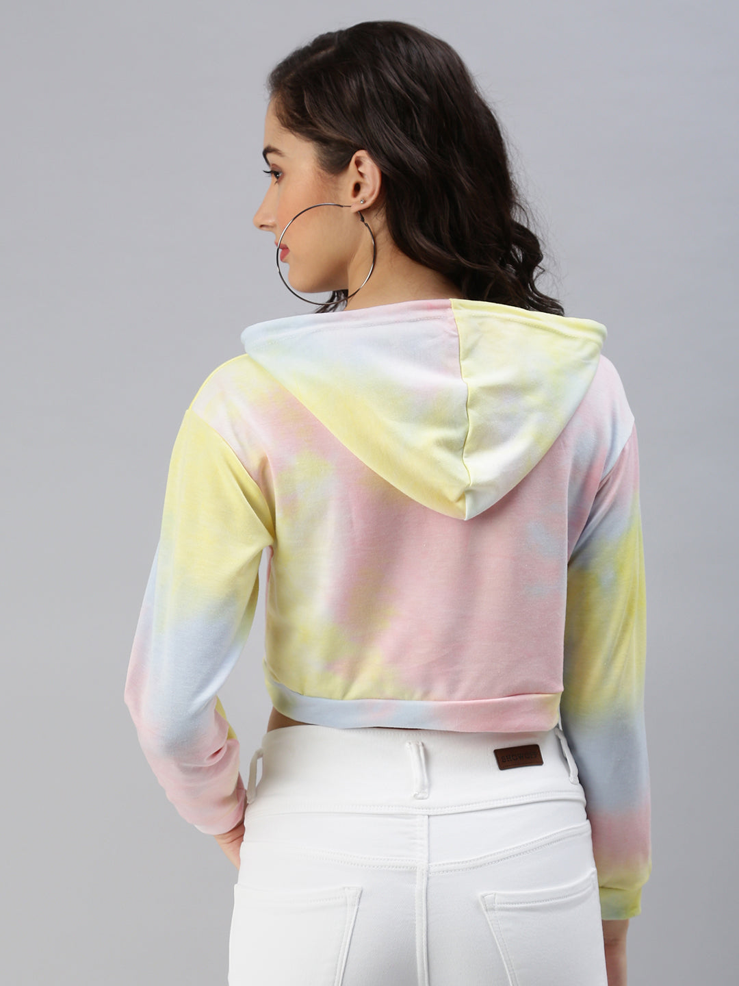 Women's Multi Tie and Dye Print Extended Sleeves Hooded Crop Top