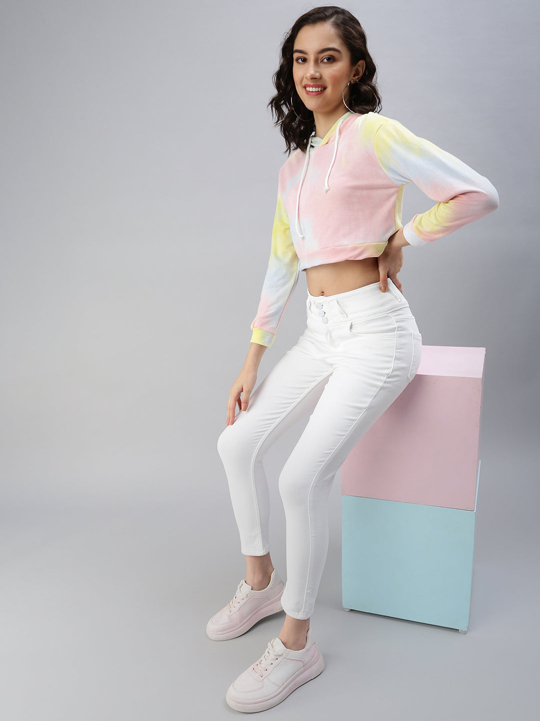 Women's Multi Tie and Dye Print Extended Sleeves Hooded Crop Top