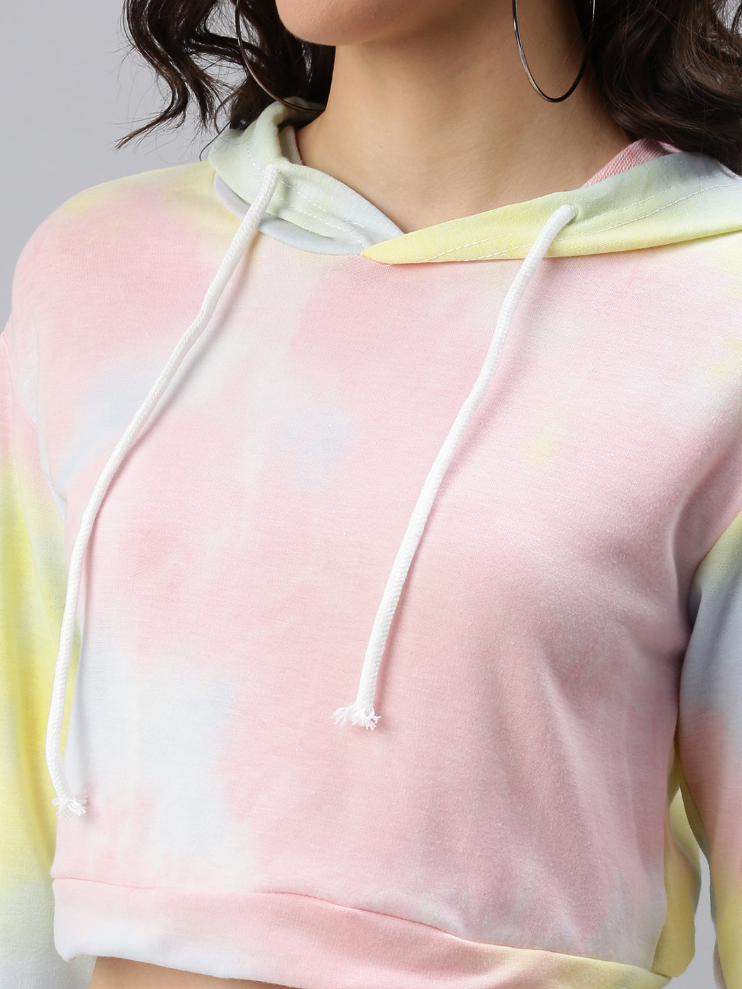 Women's Multi Tie and Dye Print Extended Sleeves Hooded Crop Top