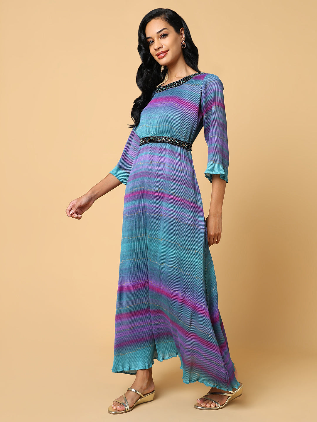 Women's Dyed Green Maxi Dress with Belt