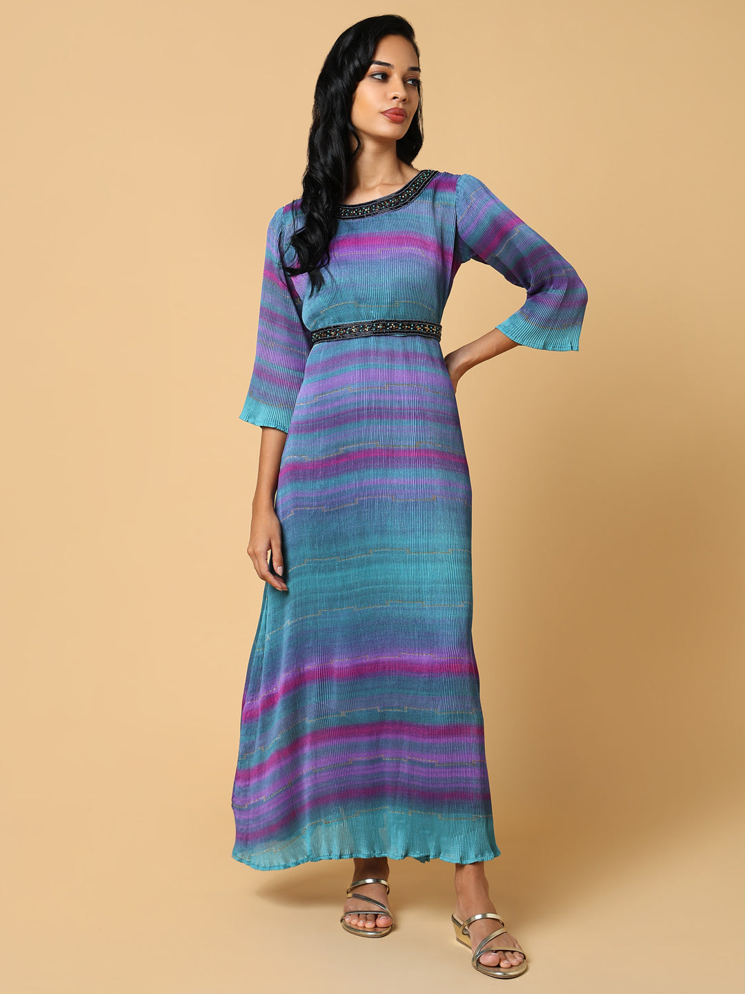 Women's Dyed Green Maxi Dress with Belt