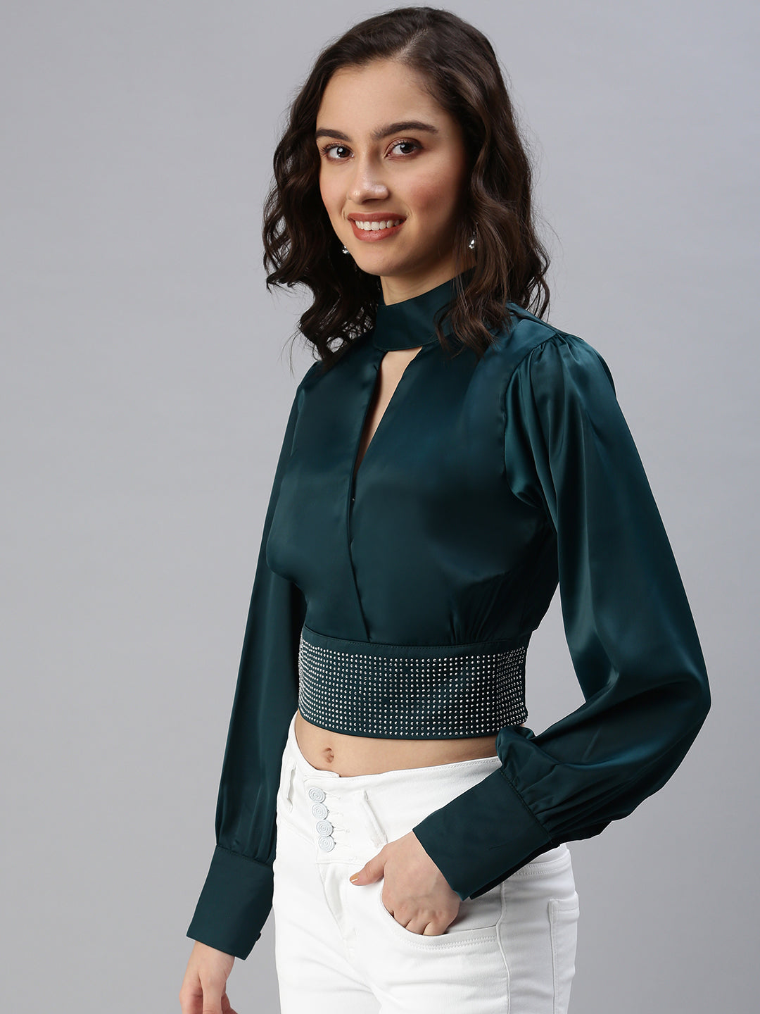 Women's Green Choker Neck Embellished Cinched Waist Crop Top