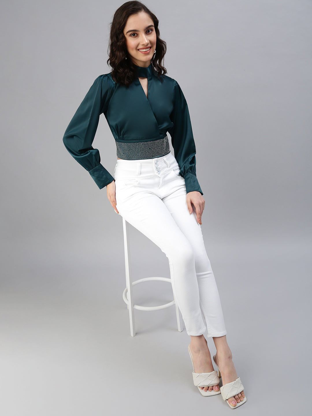 Women's Green Choker Neck Embellished Cinched Waist Crop Top