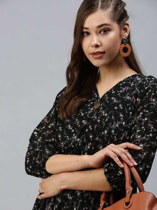 Women's V-Neck Printed Fit and Flare Black Dress