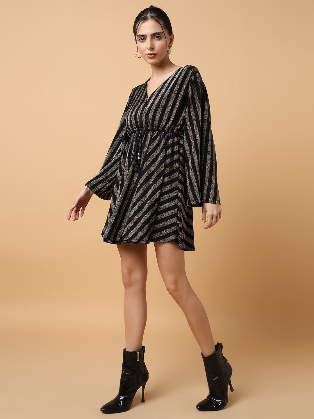 Women's V-Neck Striped Empire Bronze Dress