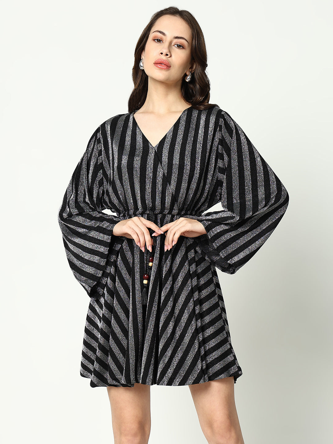 Women's V-Neck Striped Empire Silver Dress