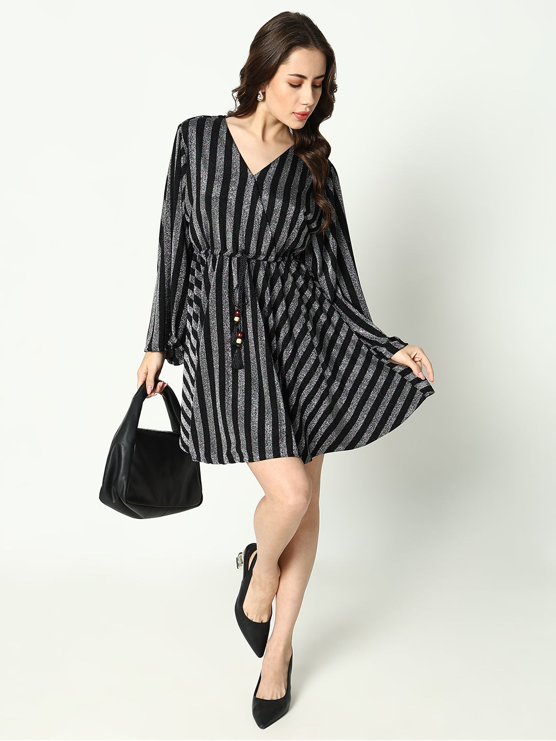 Women's V-Neck Striped Empire Silver Dress