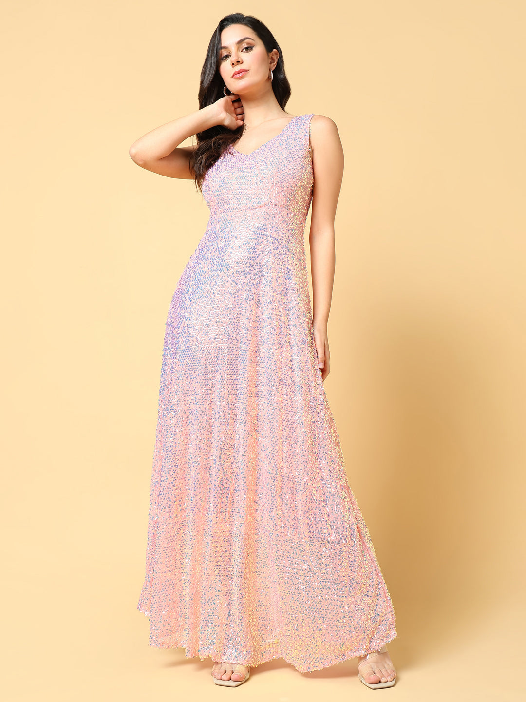 Women's Peach Embellished Net A-Line Maxi Dress