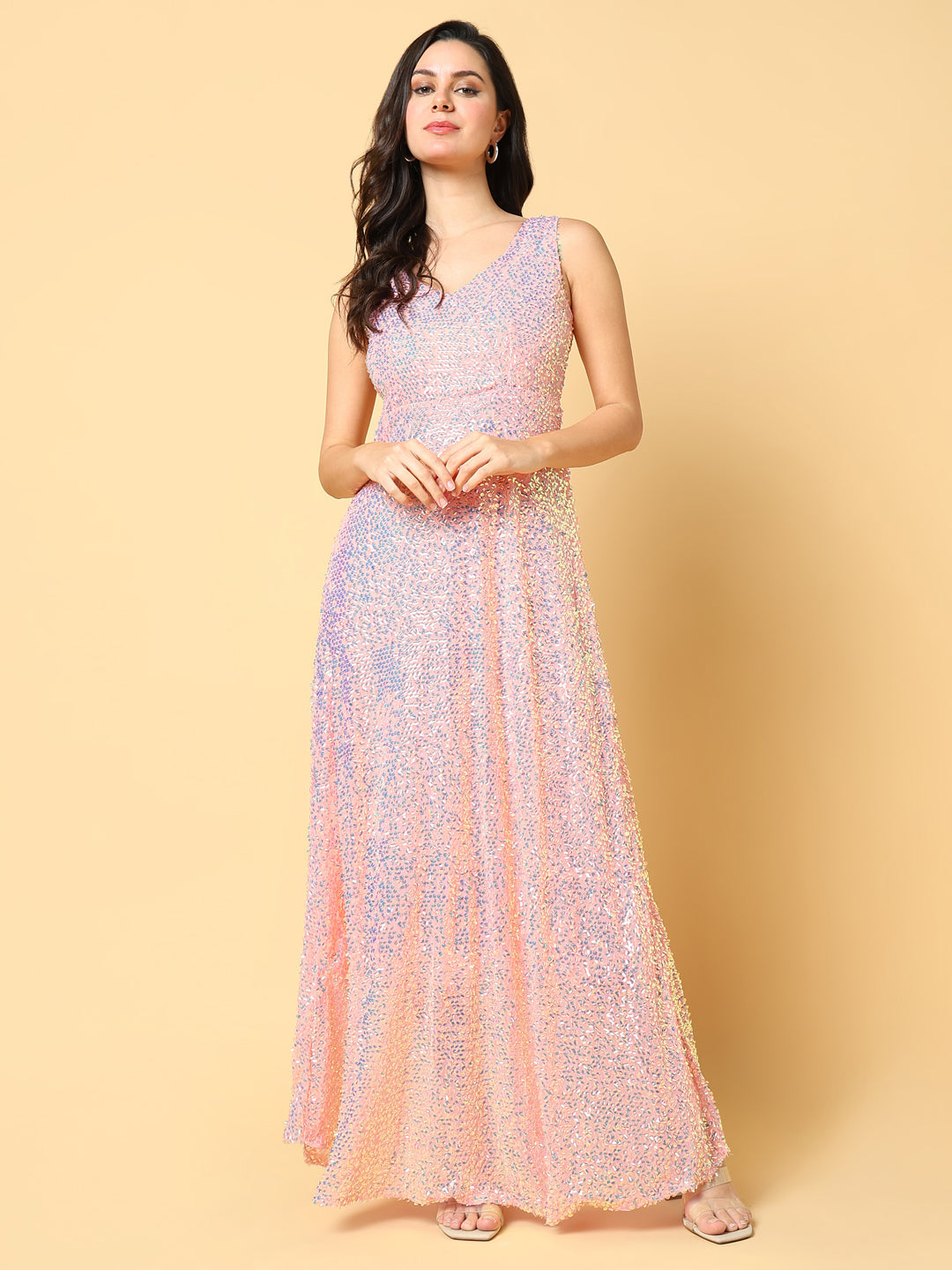 Women's Peach Embellished Net A-Line Maxi Dress