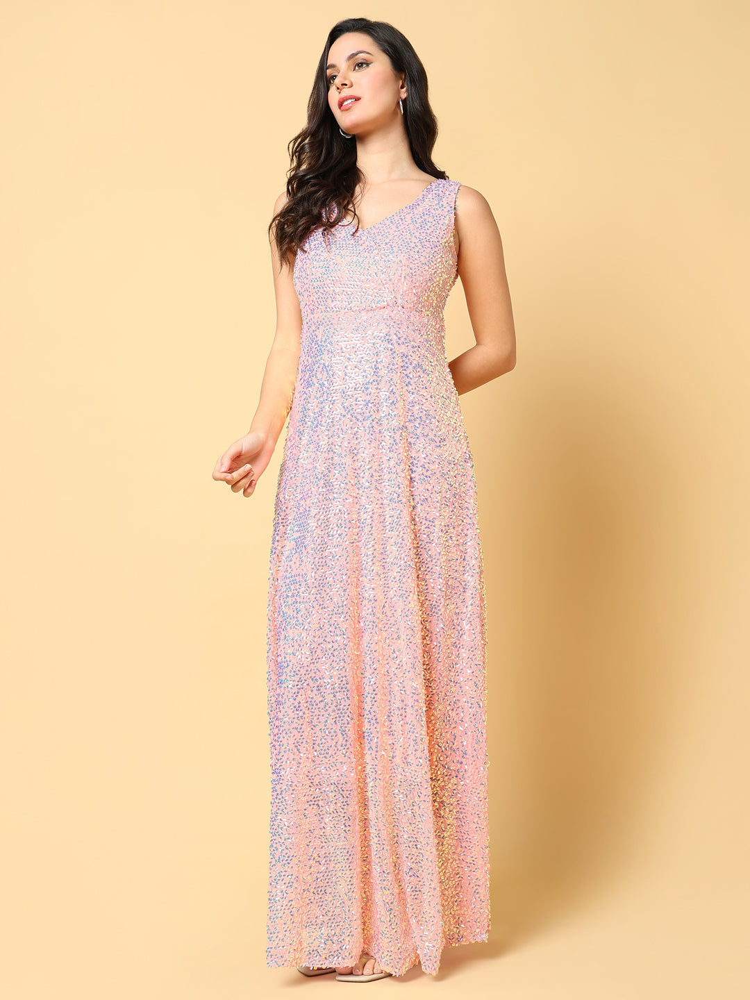 Women's Peach Embellished Net A-Line Maxi Dress