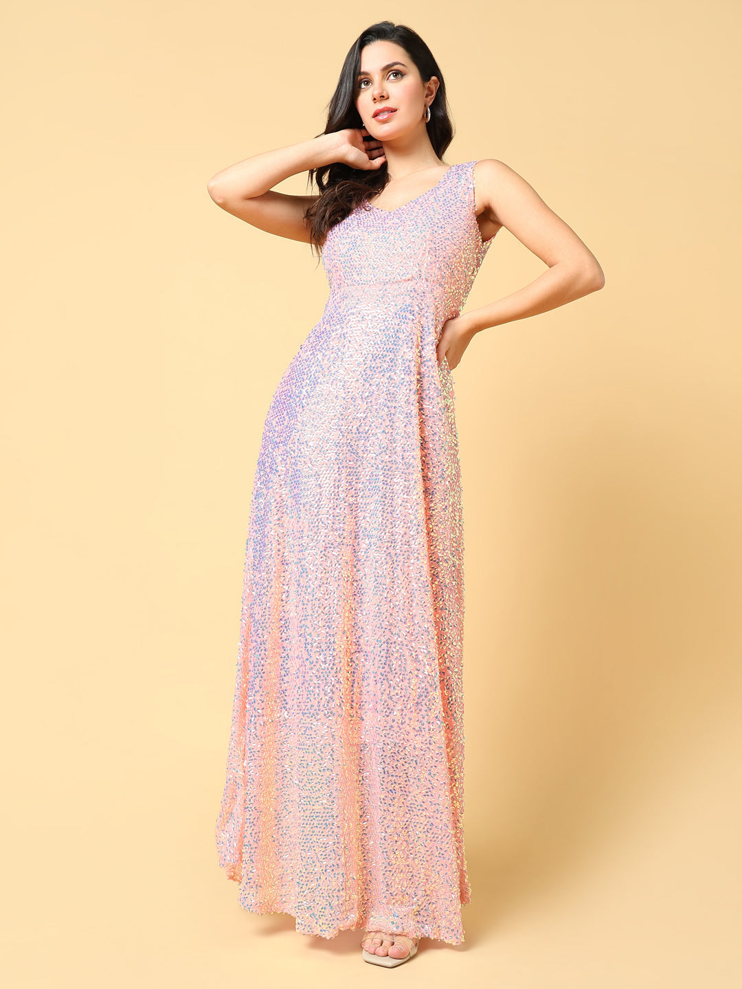 Women's Peach Embellished Net A-Line Maxi Dress