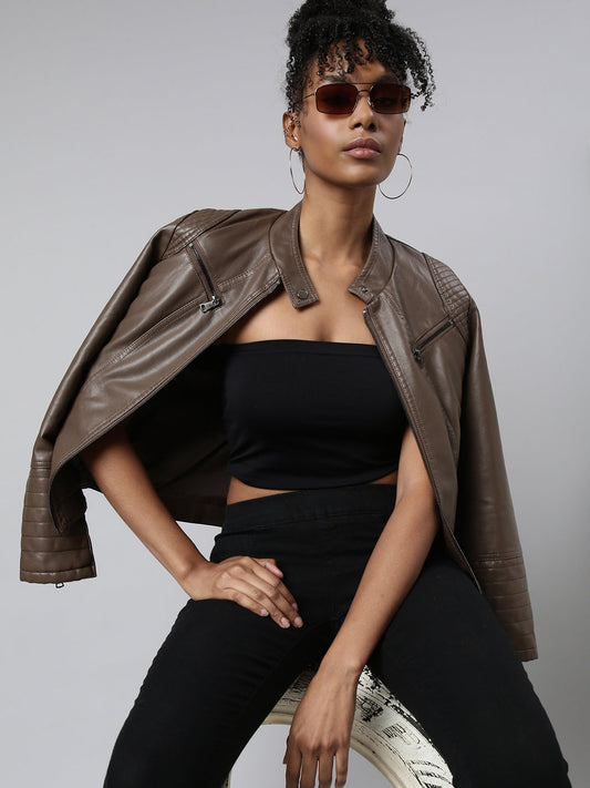 Women's Brown Windcheater Stand Collar Biker Jacket