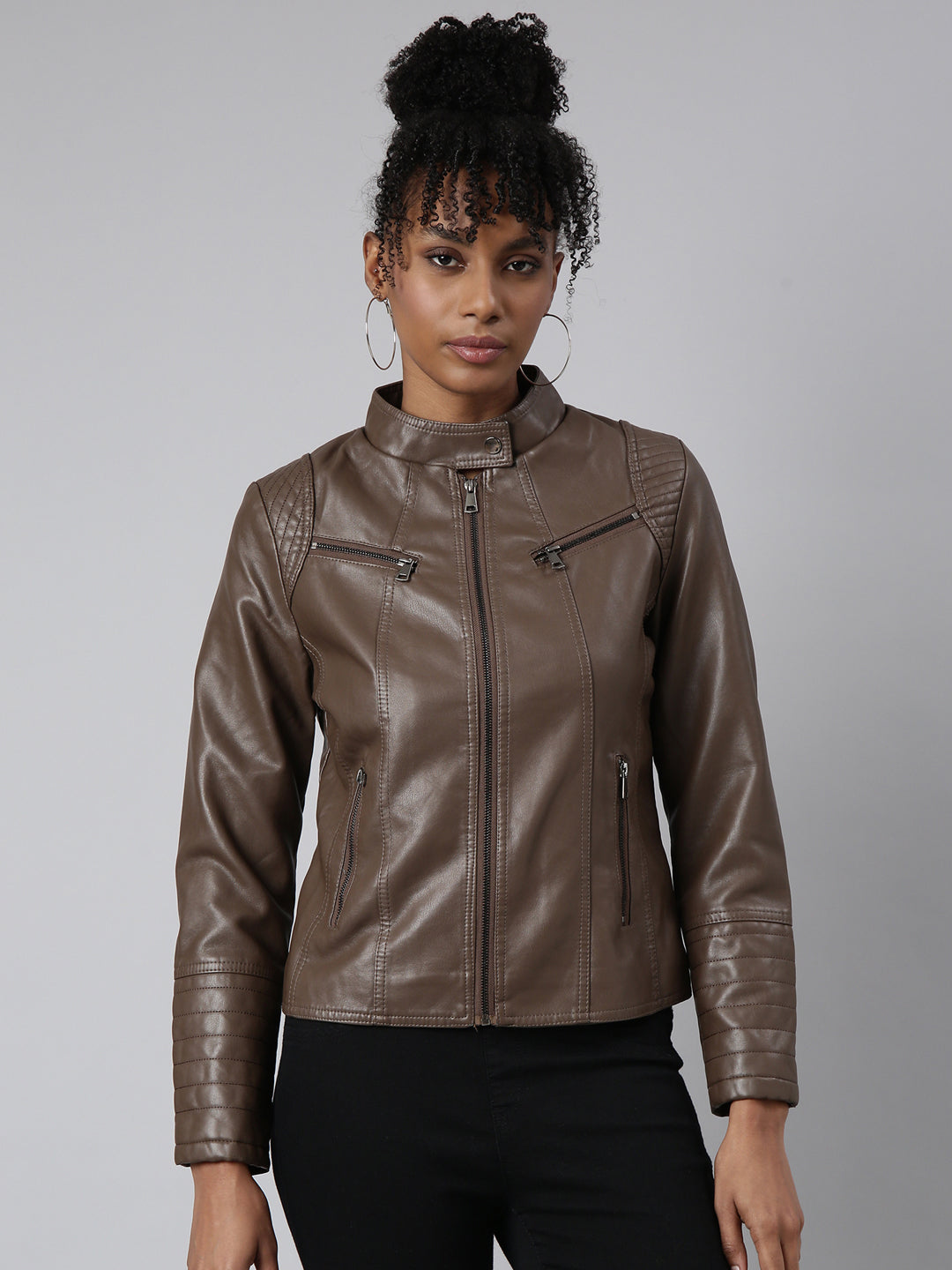 Women's Brown Windcheater Stand Collar Biker Jacket