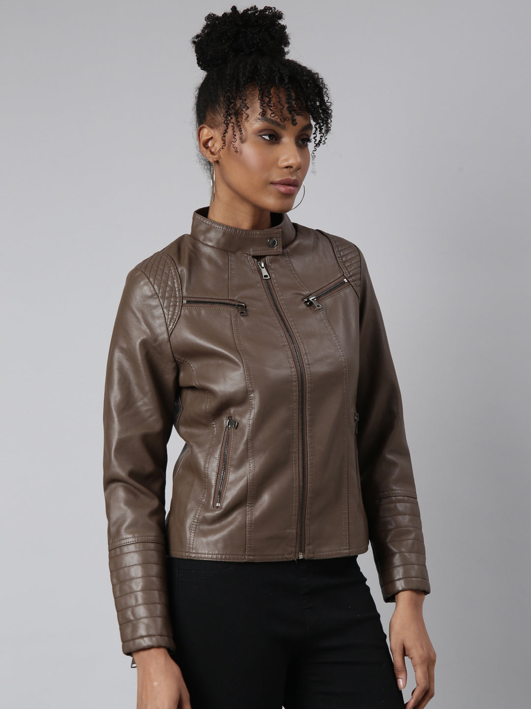 Women's Brown Windcheater Stand Collar Biker Jacket