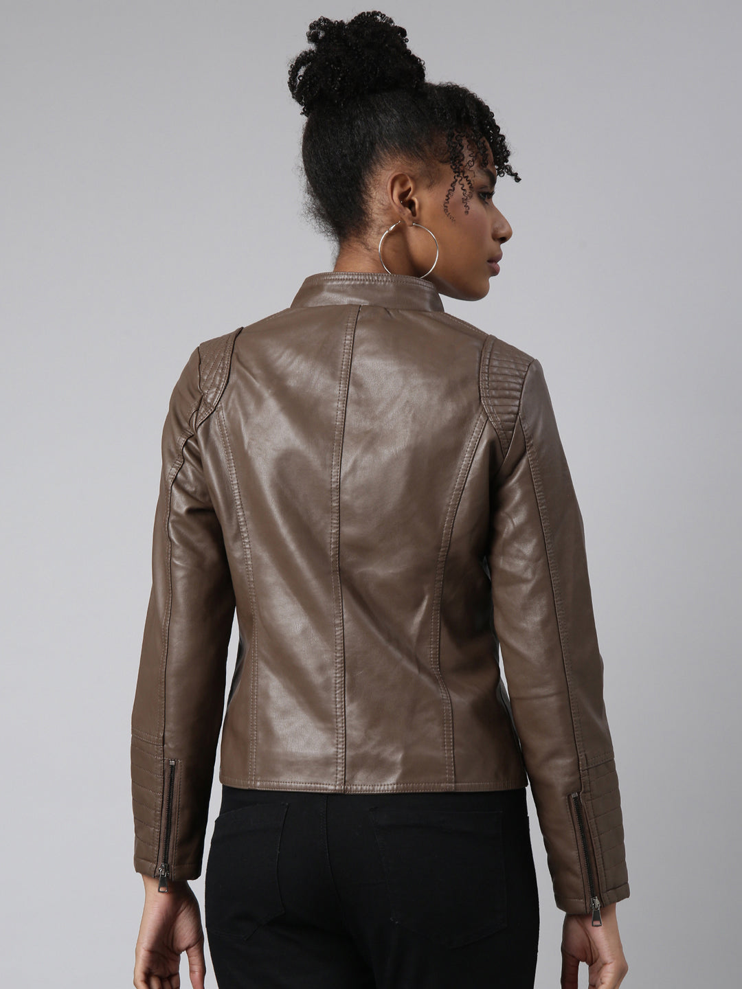 Women's Brown Windcheater Stand Collar Biker Jacket