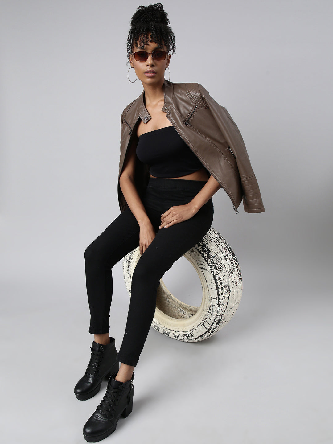 Women's Brown Windcheater Stand Collar Biker Jacket