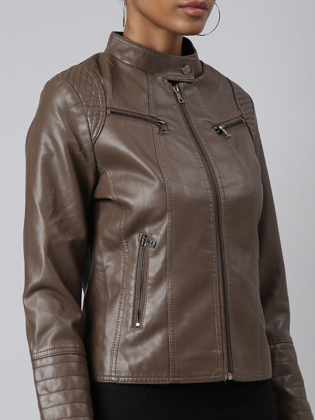 Women's Brown Windcheater Stand Collar Biker Jacket