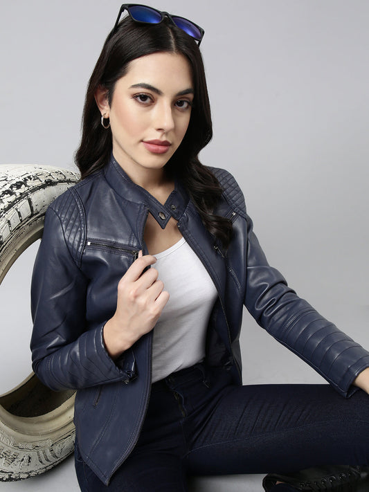 Women's Navy Blue Stand Collar Windcheater Biker Jacket