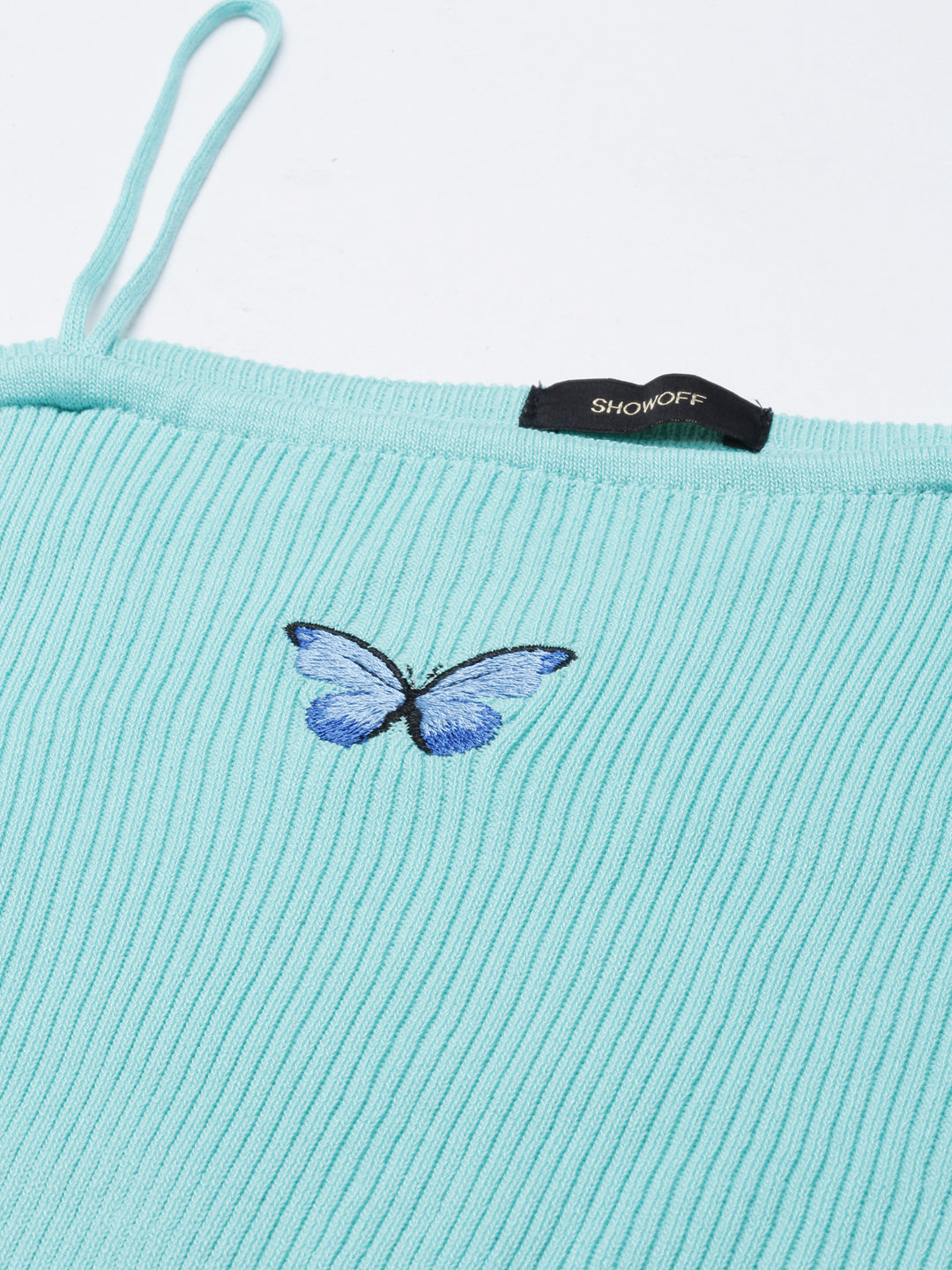 Women's Turquoise Blue Striped Acrylic Shoulder Straps Fitted Crop Top