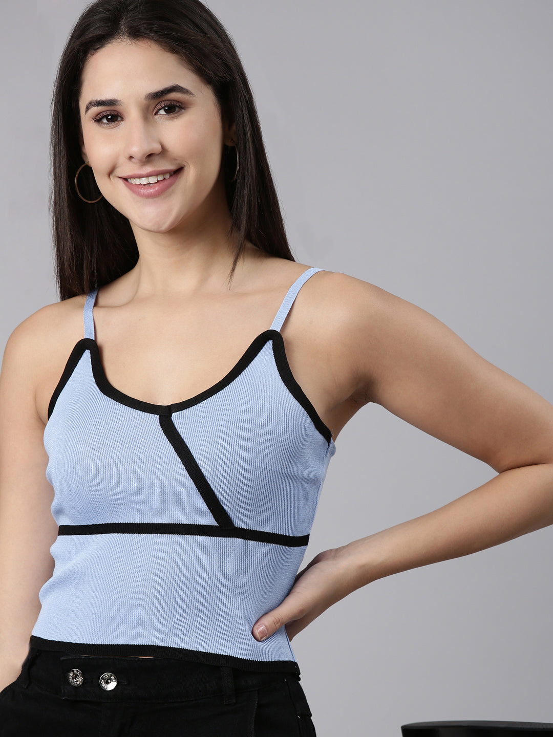 Women's Blue Acrylic Shoulder Straps Fitted Top