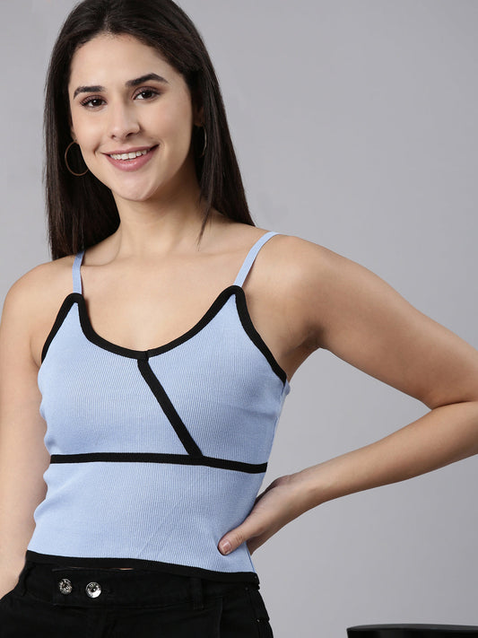 Women's Blue Acrylic Shoulder Straps Fitted Top