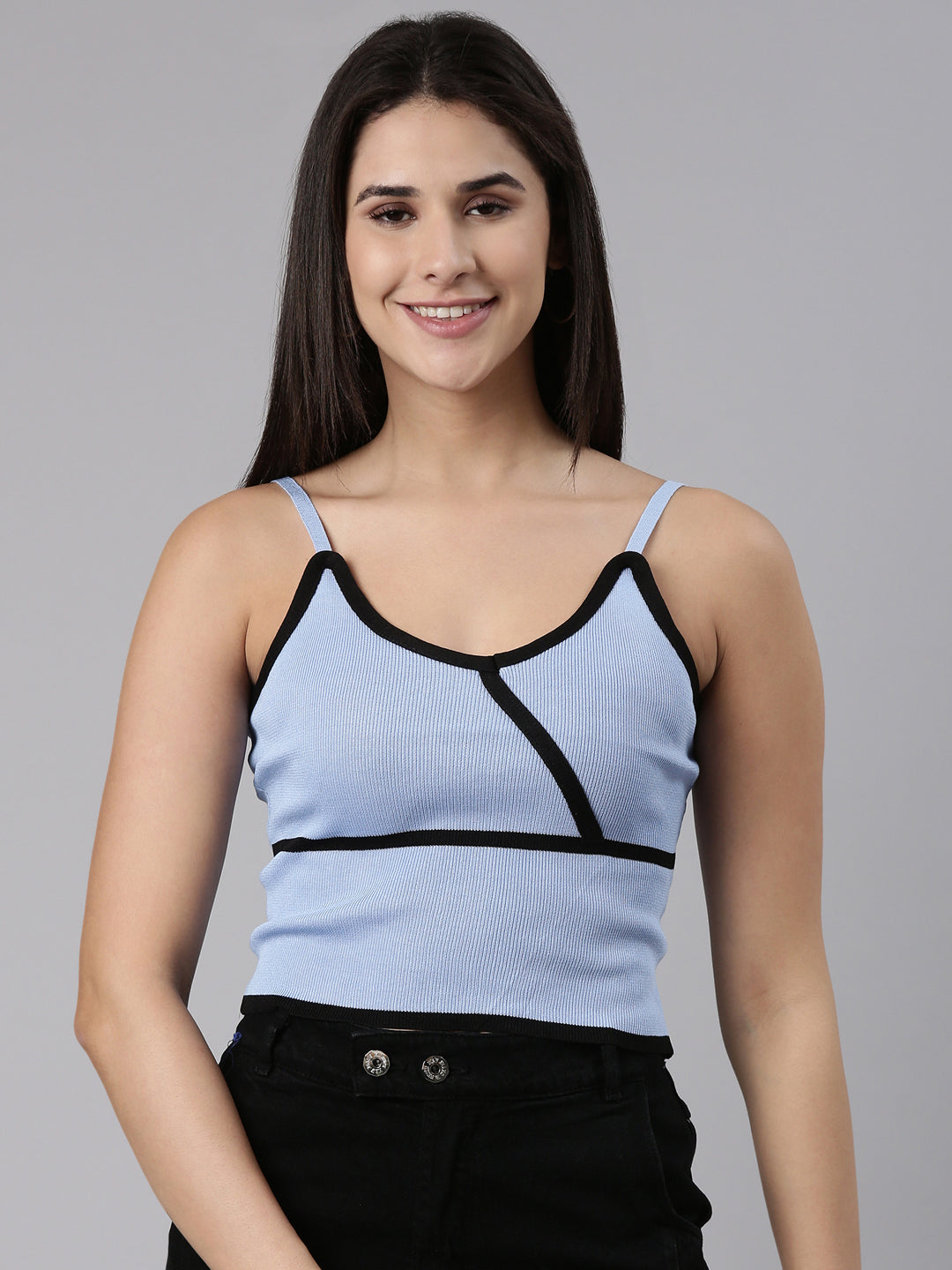 Women's Blue Acrylic Shoulder Straps Fitted Top